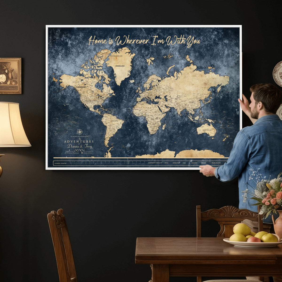 400867BL-MGV-CV-36X24 - Framed Blue Custom Push Pin World Map Canvas Print | Personalized Travel Map Wall Art