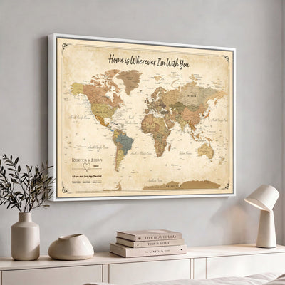 40086165-MGV-TP-30X20 - Framed Vintage Custom Push Pin World Map Canvas Print | Personalized Travel Map Wall Art
