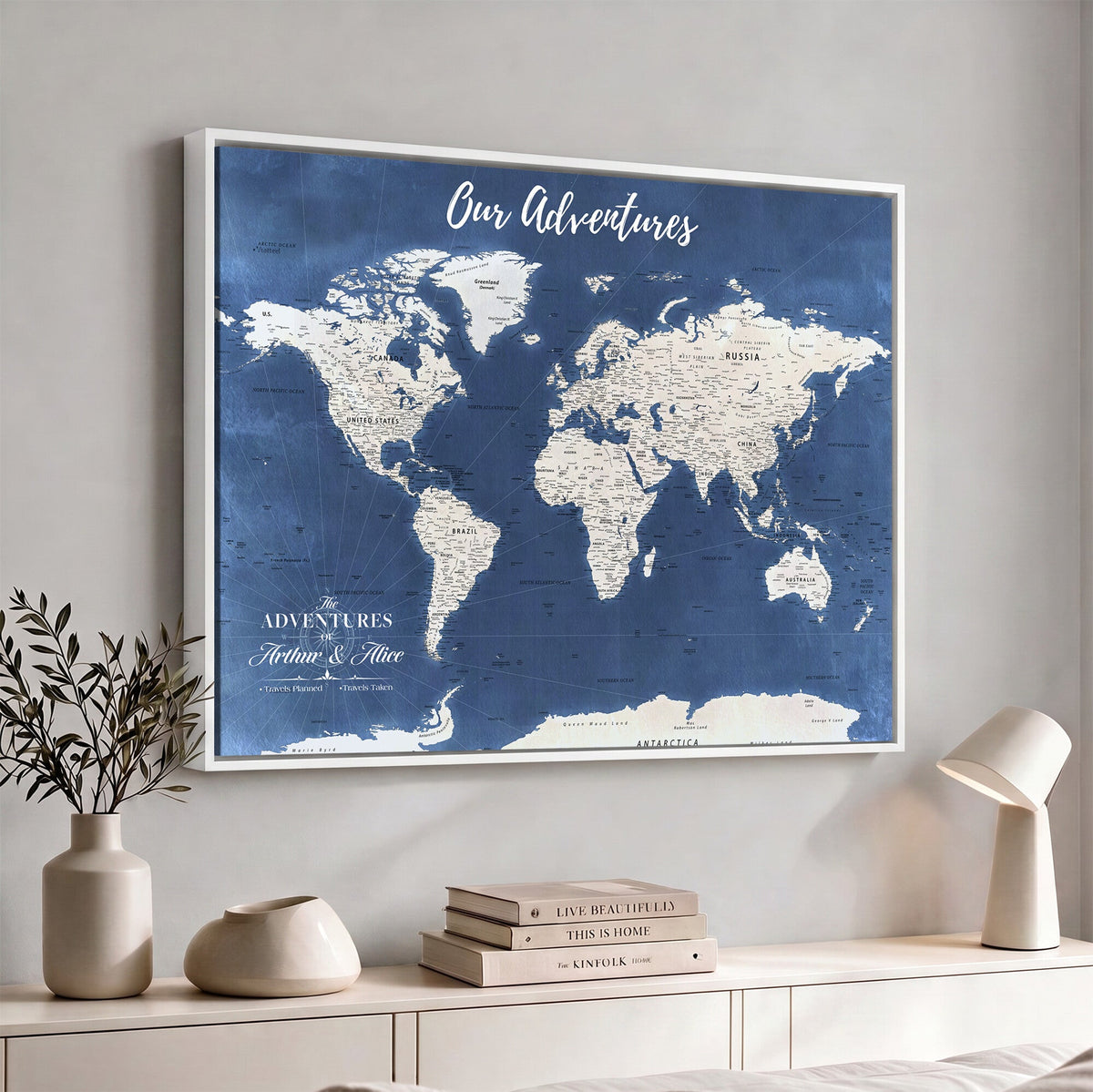 75405527-MGV-CV-36X24 - Extra Large Framed Personalize Push Pin World Map Wall Art Canvas Print for Travel Tracking - NEWMAP-113A