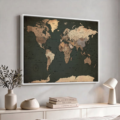 42327656-MGV-CV-36X24 - Extra Large Framed Personalize Push Pin World Map Wall Art Canvas Print for Travel Tracking - NEWMAP-116