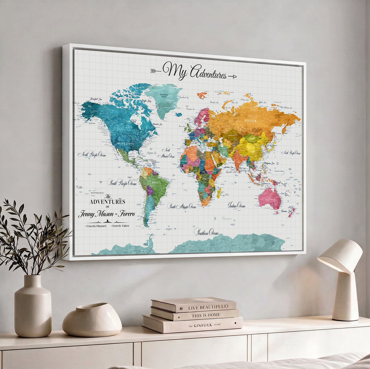 66743043-MGV-CV-36X24 - Extra Large Framed Personalize Push Pin World Map Wall Art Canvas Print for Travel Tracking - NEWMAP-131