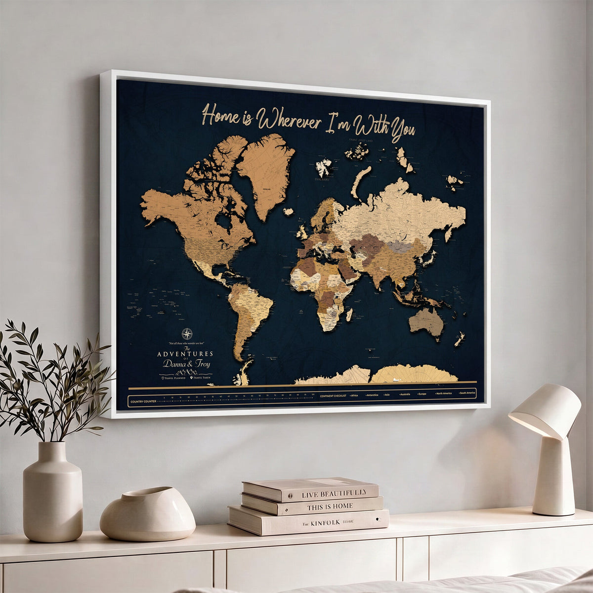 13903533-MGV-CV-36X24 - Extra Large Framed Personalize Push Pin World Map Wall Art Canvas Print for Travel Tracking - NEWMAP-152