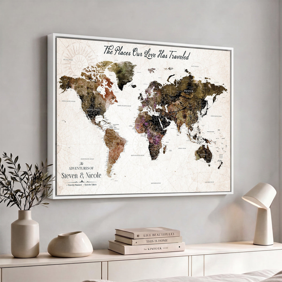 18074626D3D-MGV-CV-36X24 - Extra Large Framed Personalized Push Pin World Map Wall Art Canvas Print for Travel Tracking