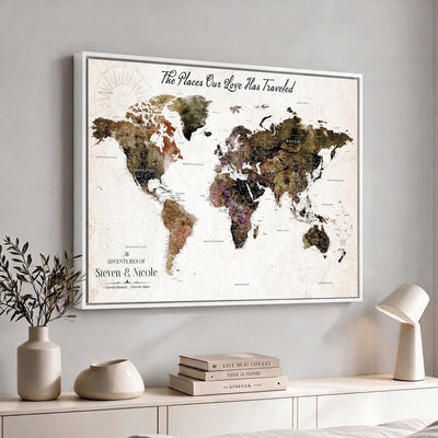 18074626D3D-MGV-CV-36X24 - Extra Large Framed Personalized Push Pin World Map Wall Art Canvas Print for Travel Tracking