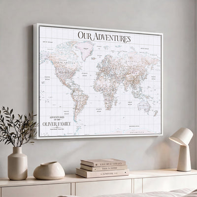 18074626D3DD-MGV-CV-36X24 - Extra Large Framed Personalized Push Pin World Map Wall Art Canvas Print for Travel Tracking