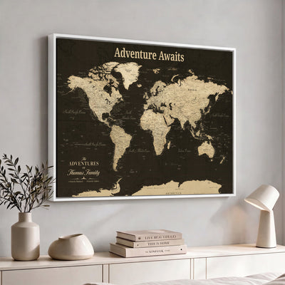 Custom Beige Modern World Travel Map Wall Art with Pins, Family Travel Tracker, Dining Room and Entryway Decor
