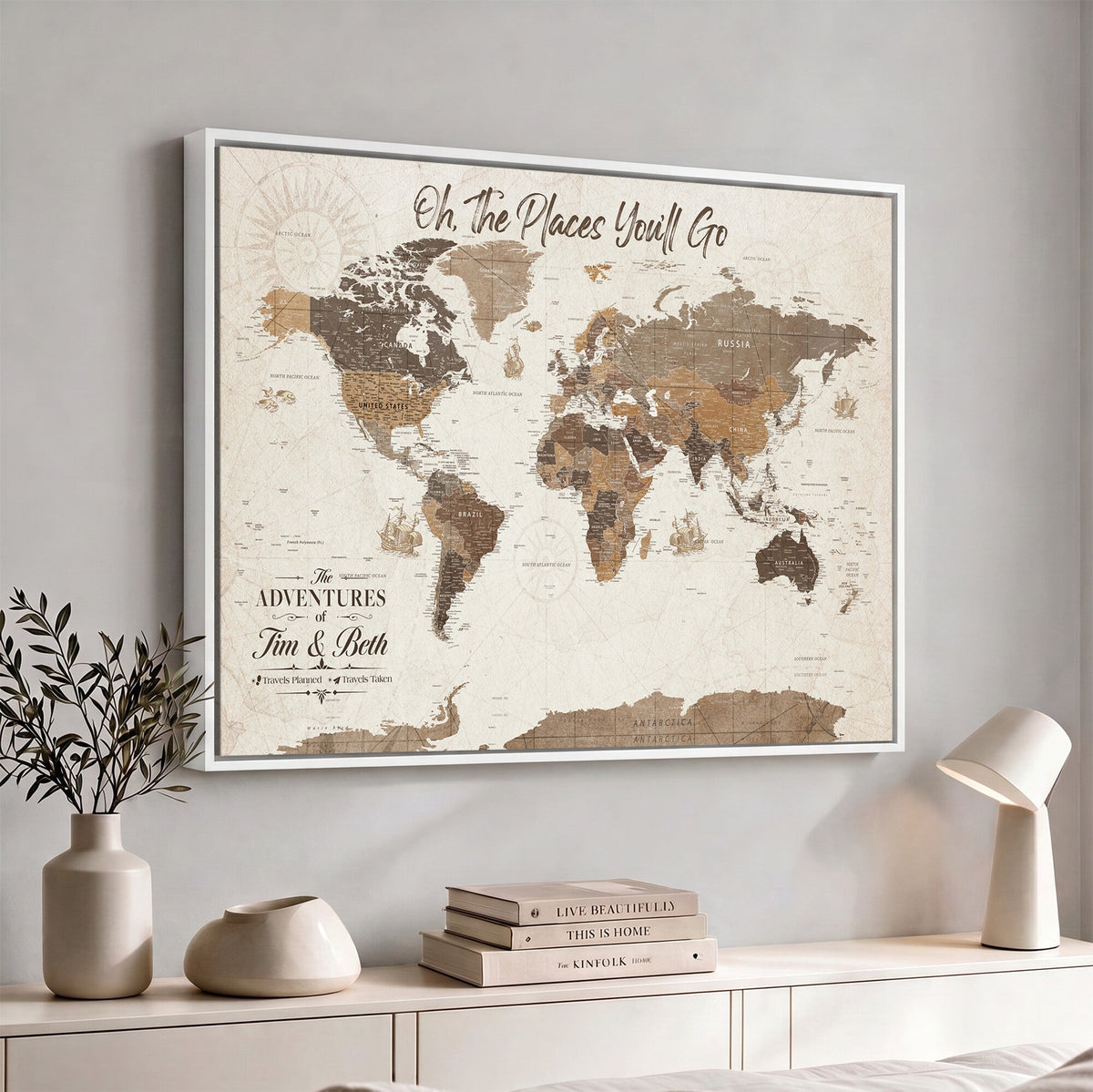 Personalized Beige Geometric Family Push Pin World Map Canvas Print, Honeymoon and Anniversary Gift, Living Room and Study Decor