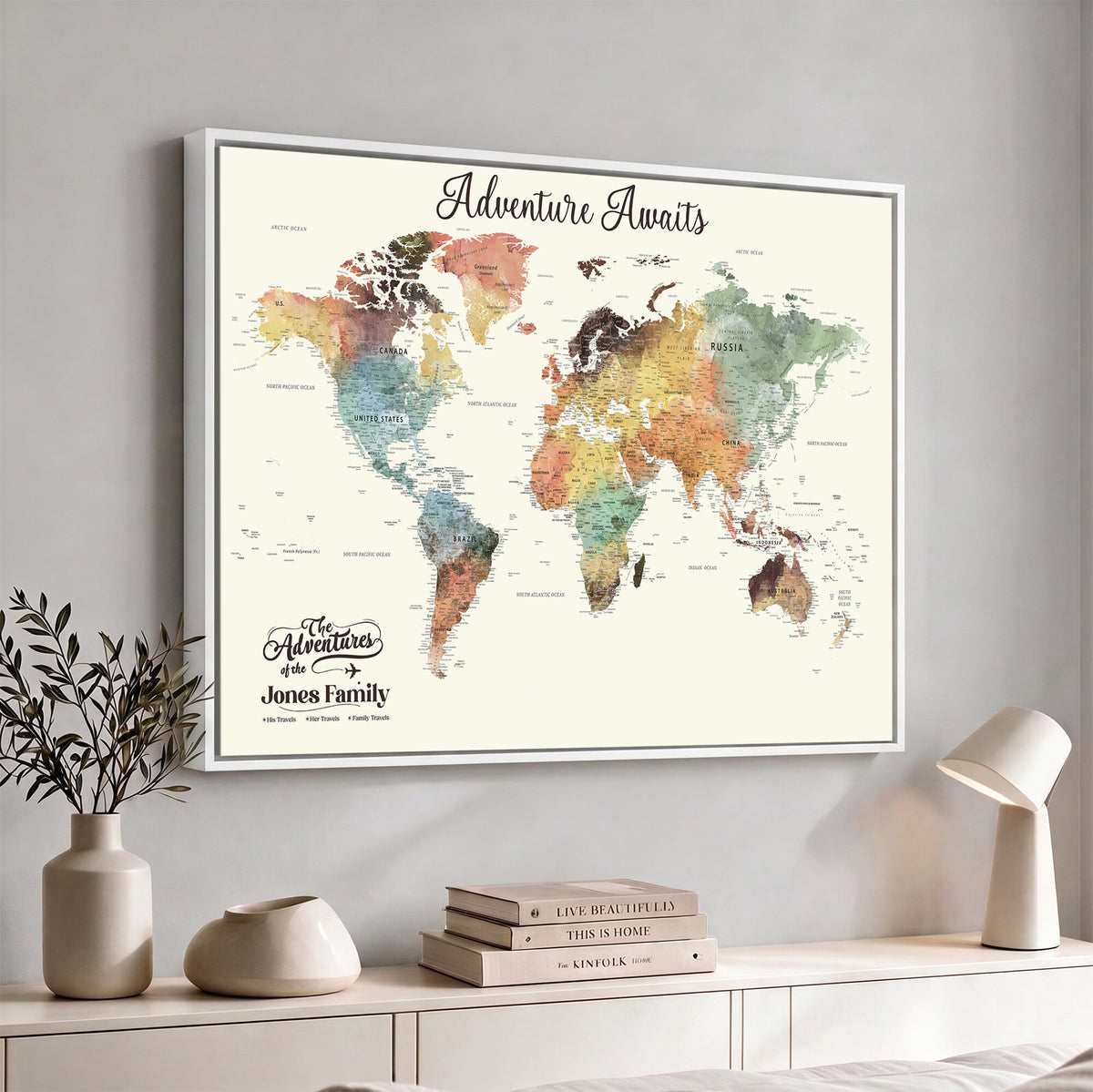 Personalized Framed Beige Modern Push Pin Travel Map Canvas Print, Family Travel Tracker, Bedroom and Home Office Decor