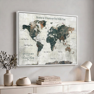 Personalized Framed Beige Push Pin Travel Map Canvas Print, Family Travel Tracker, Home Office and Hallway Decor