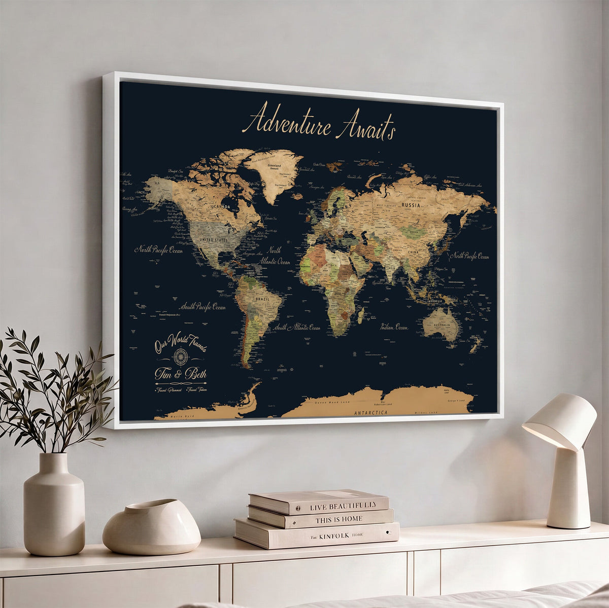 Custom Beige Push Pin World Map Wall Art, Family Travel Tracker, Home Office and Study Decor