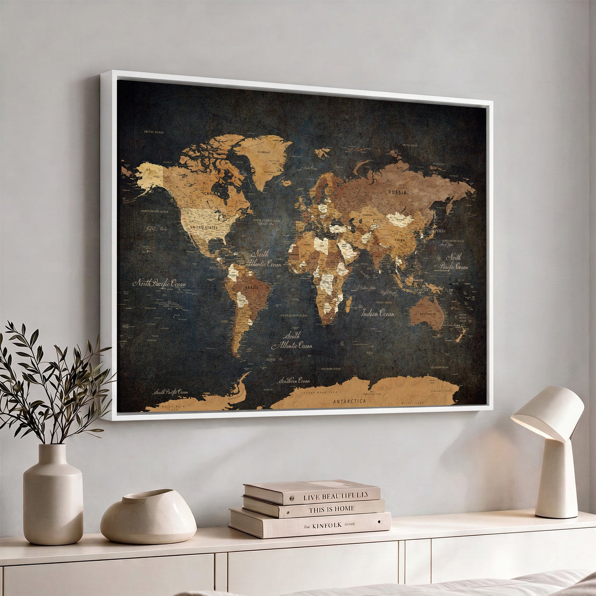40660012D-MGV-CV-36X24 - Custom Push Pin World Map Wall Art Canvas Print – Personalized Travel Tracker with Pins Framed Large for Home and Office Decor