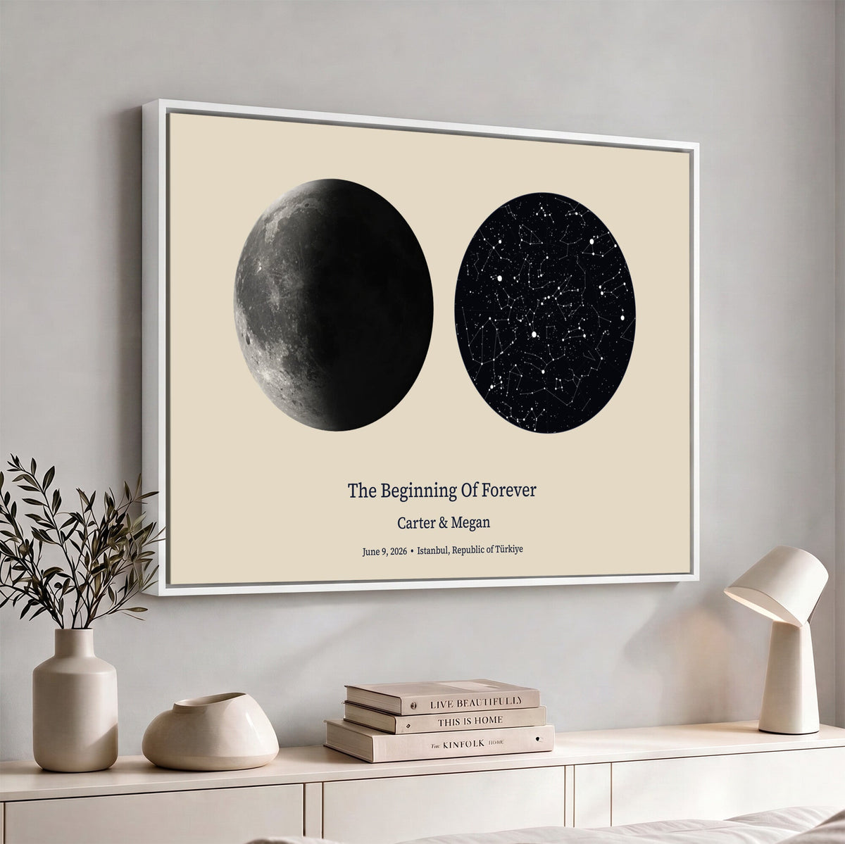 CSTM914LIRIKD-MGV-CV-36X24 - Moon and Stars Canvas Print – Personalized Moon Phase and Star Map Wall Art