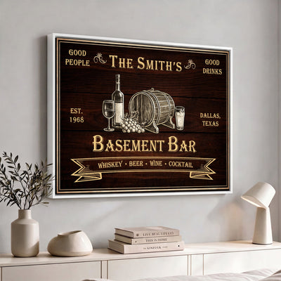 Custom Basement Bar Sign Canvas, Personalized Family Home Bar Wall Art