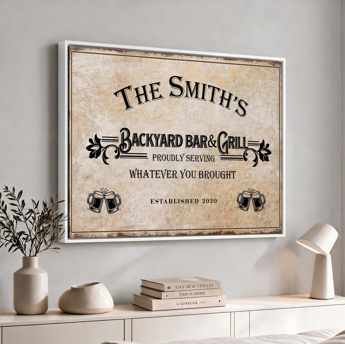 Custom Backyard Bar & Grill Sign, Personalized Family Name Arch Canvas