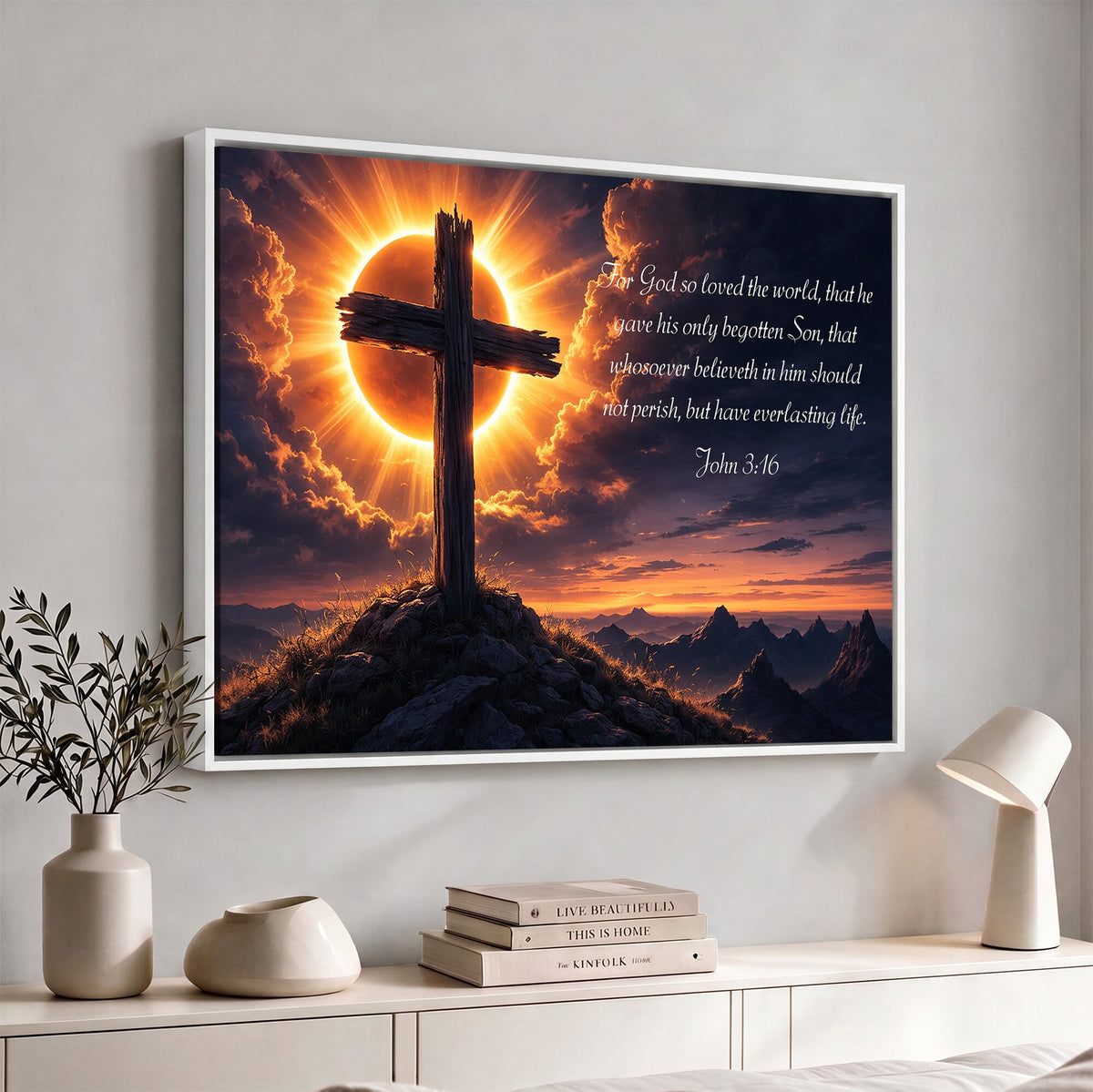 PatioSign02JSS-MGV-CV-36X24 - Custom Bible Verse Cross Canvas, Personalized Christian Wall Art