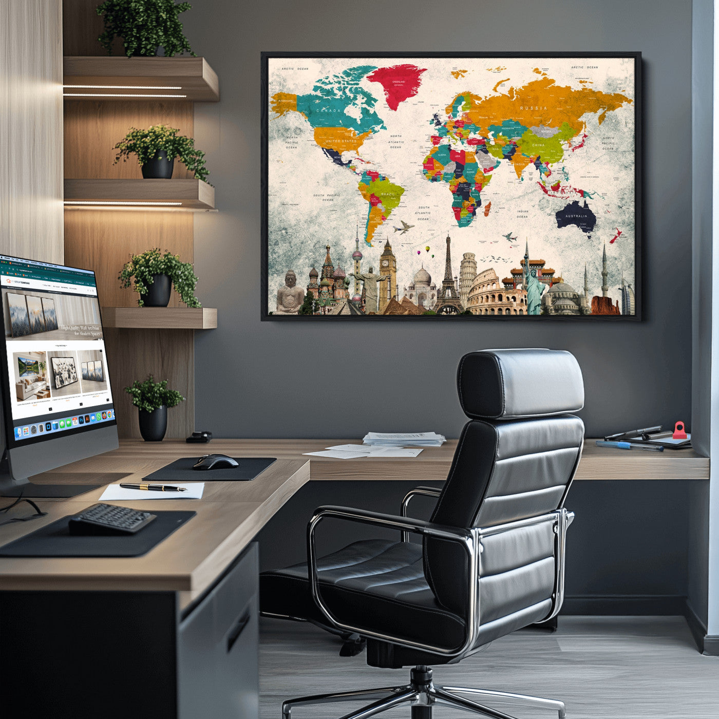 Push Pin World Map Canvas Print – Framed Wall Art for Couples to Track Their Travels – Anniversary Gift or Home Adventure Decor