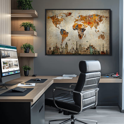 Push Pin World Map Canvas Print – Framed Wall Art for Couples to Track Their Travels – Anniversary Gift or Home Adventure Decor
