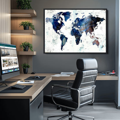 Push Pin World Map Canvas Print – Framed Wall Art for Couples to Track Their Travels – Anniversary Gift or Home Adventure Decor
