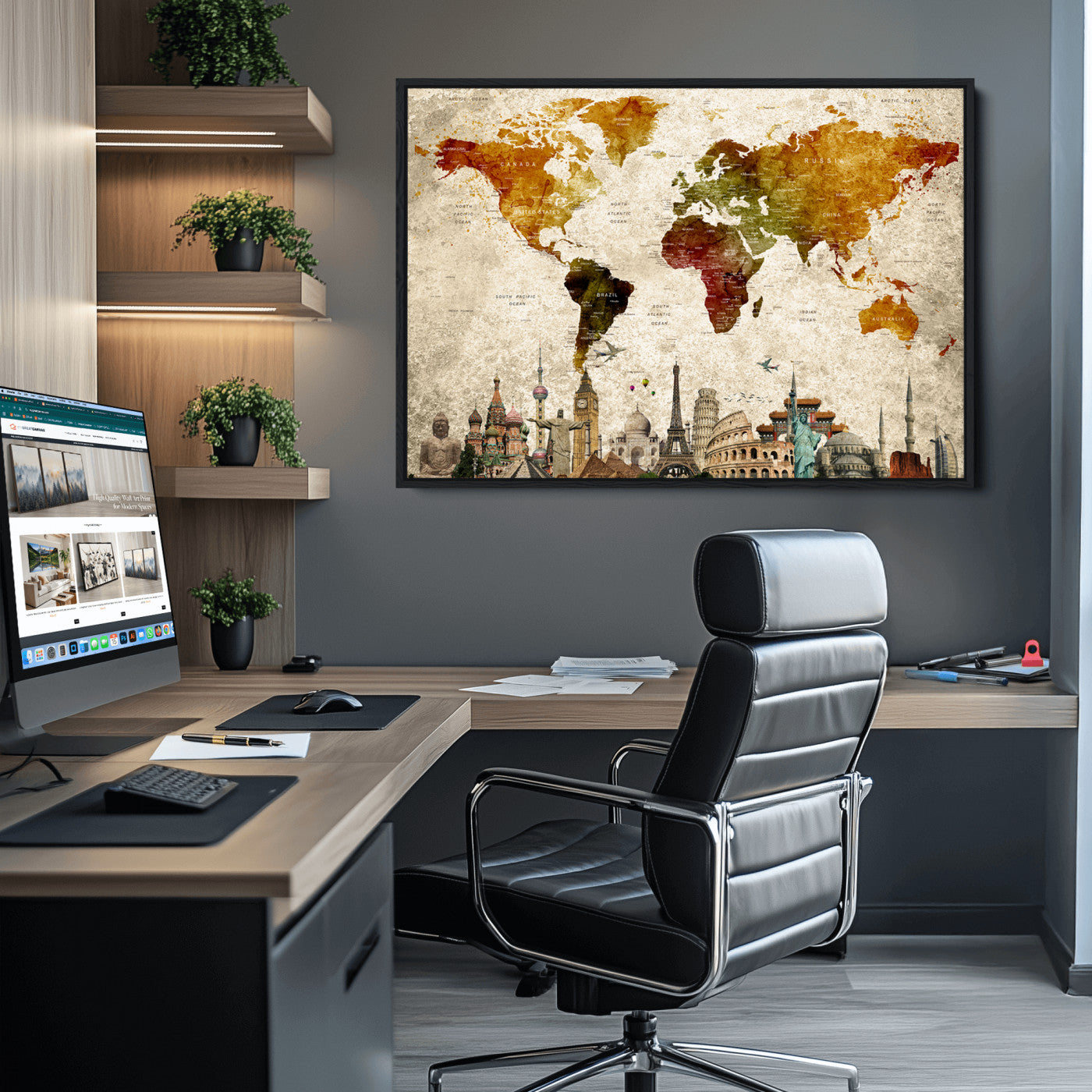 Push Pin World Map Canvas Print – Framed Wall Art for Couples to Track Their Travels – Anniversary Gift or Home Adventure Decor