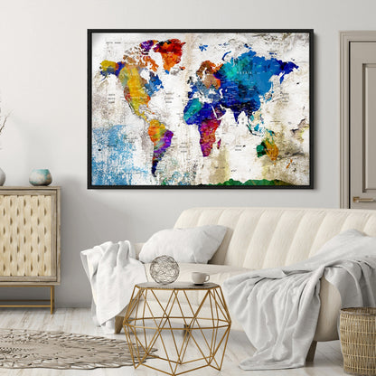 Push Pin World Map Canvas Print – Framed Wall Art for Couples to Track Their Travels – Anniversary Gift or Home Adventure Decor