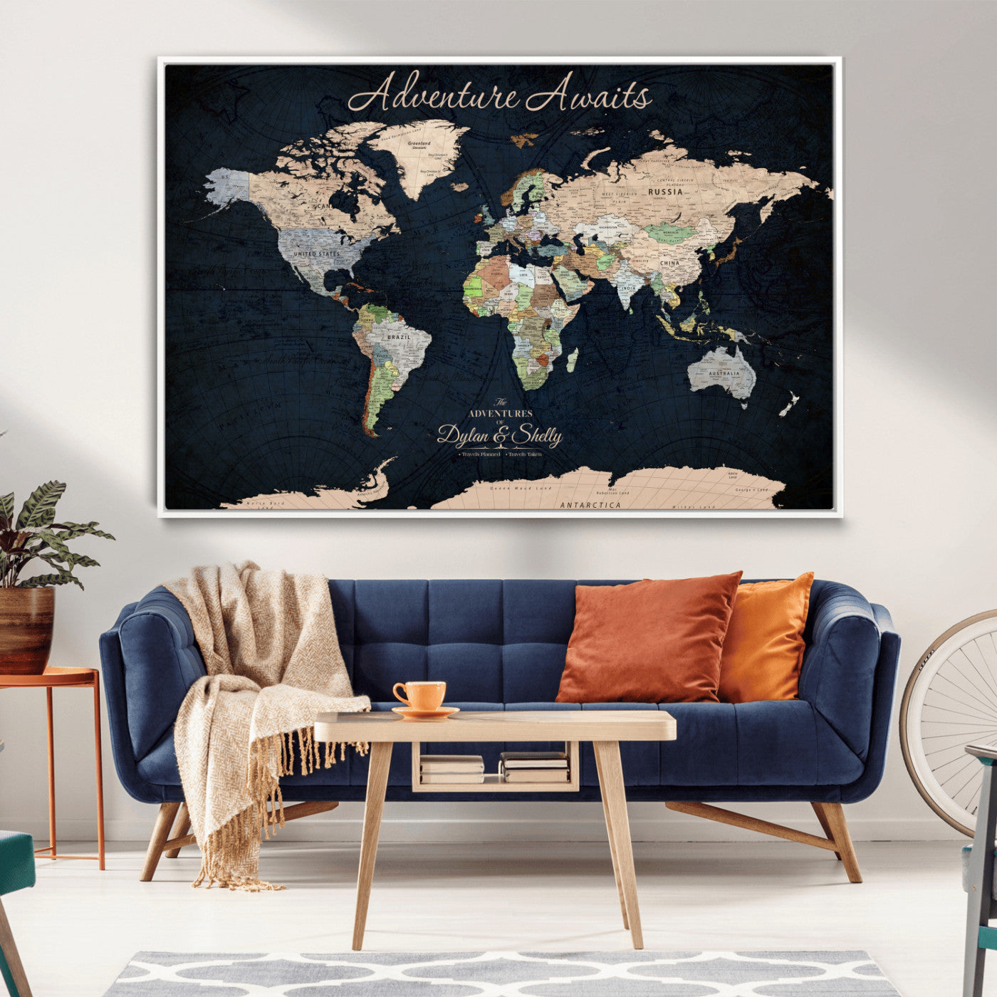 43186793-MGV-FC-30X20_White-Personalized World Map Print, Customizable Push Pin Framed World Map Print on Canvas - Custom Quote on Map Print