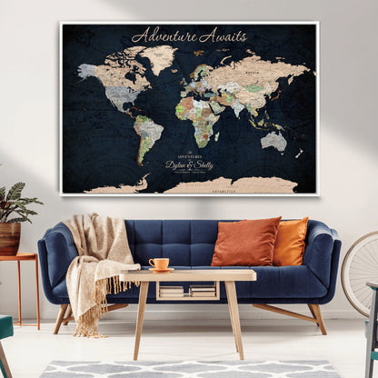 43186793-MGV-FC-30X20_White-Personalized World Map Print, Customizable Push Pin Framed World Map Print on Canvas - Custom Quote on Map Print