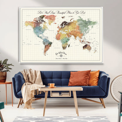29289638-MGV-FC-36X24_White-Personalized World Map Print - Customizable Push Pin Framed World Map Print on Canvas - Custom Quote on Map Print