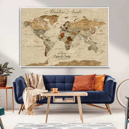 29054239-MGV-CV-36X24-Personalized World Map Print - Customizable Push Pin Framed World Map Print on Canvas - Custom Quote on Map Print