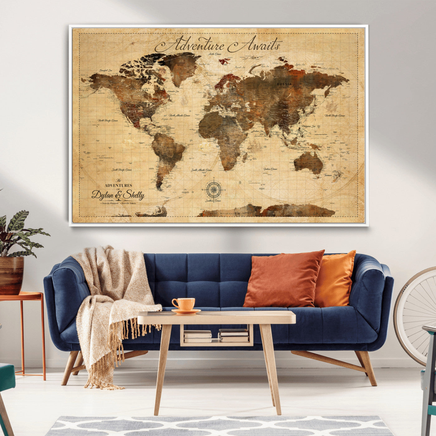 57497711-MGV-FC-36X24_White-Personalized World Map Canvas Print - Customizable Push Pin Framed World Map Print on Canvas - Custom Quote on Map Print