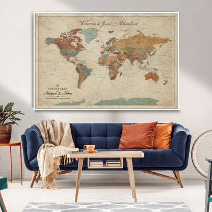 54152425-MGV-CV-36X24-Custom Push Pin World Map Wall Canvas Print – Personalized Travel Tracker with Pins – Framed Custom Map Quotie Canvas for Home Office Decor