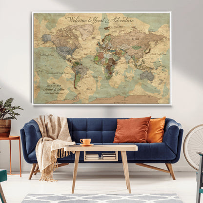 17693651-MGV-CV-36X24-Custom Push Pin World Map Wall Canvas Print – Personalized Travel Tracker with Pins – Framed Custom Quotie Canvas for Home Office Decor Art Print