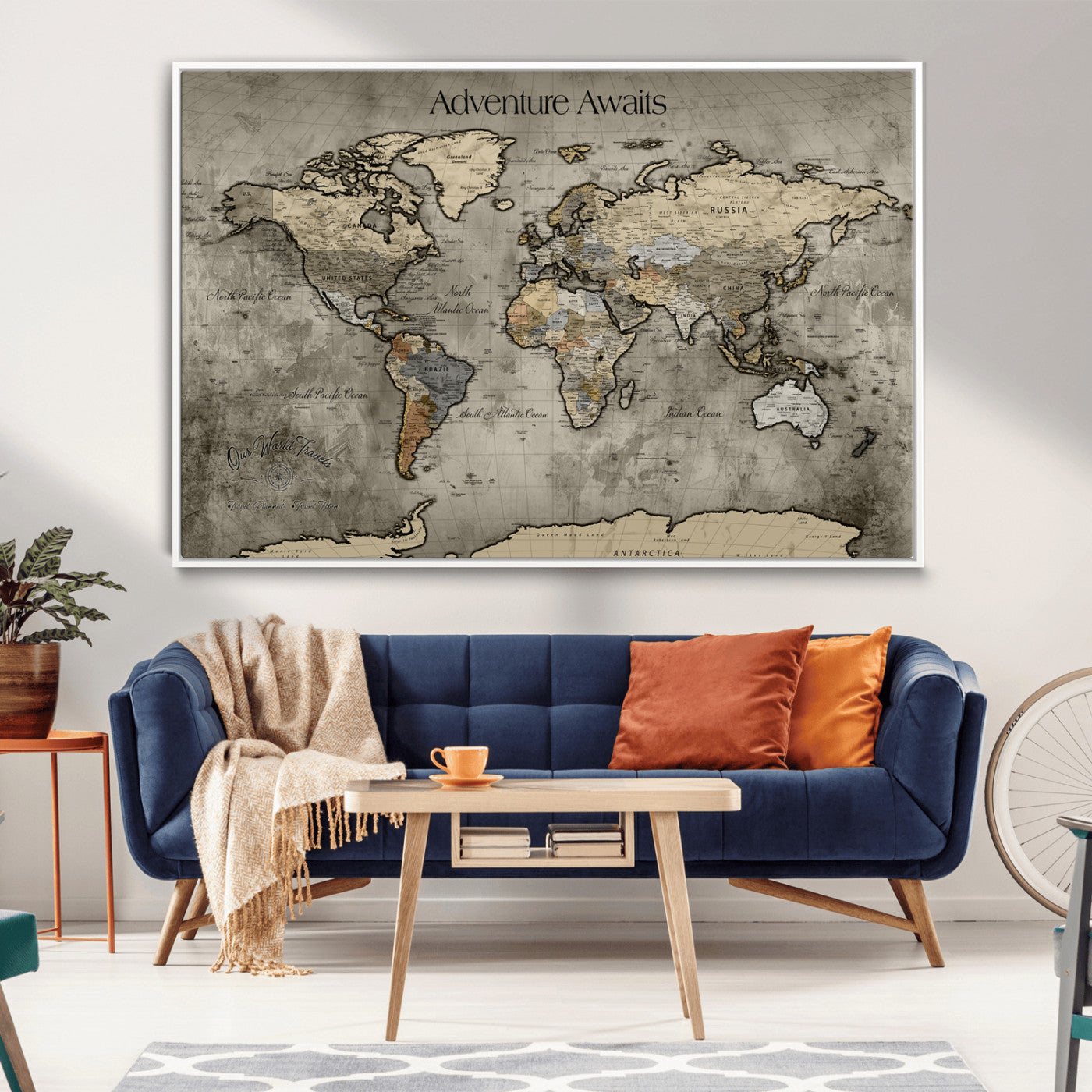60740187-MGV-CV-36X24-Tree Rings Wall Art Canvas Print, Framed Wood Texture Art Picture Print, Blue Grain Perfect Rustic Modern Decor Artwork, Wood Texture Wall