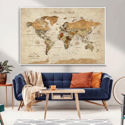64295326-MGV-CV-30X20-Custom Push Pin World Map Wall Canvas Print – Personalized Travel Tracker with Pins – Framed Custom Quotie Canvas for Home Office Decor