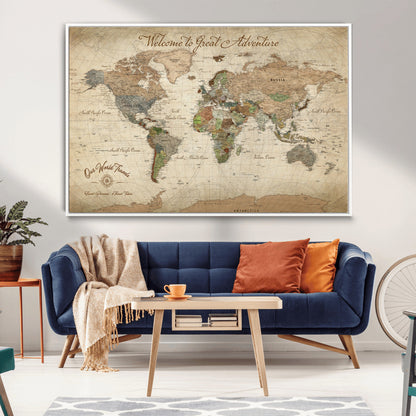 76478536-MGV-CV-30X20-Custom Push Pin World Map Wall Canvas Print – Personalized Travel Tracker with Pins – Framed Custom Quotie Canvas for Home Office Decor