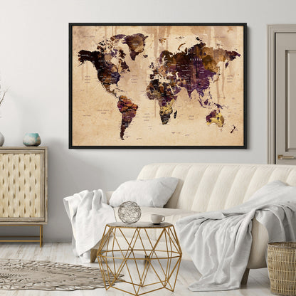 Push Pin World Map Canvas Print – Framed Wall Art for Couples to Track Their Travels – Anniversary Gift or Home Adventure Decor
