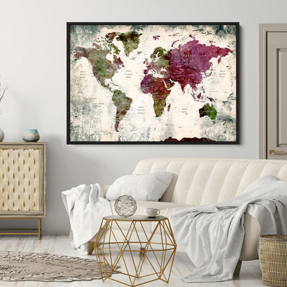 Push Pin World Map Canvas Print – Framed Wall Art for Couples to Track Their Travels – Anniversary Gift or Home Adventure Decor