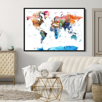 Push Pin World Map Canvas Print – Framed Wall Art for Couples to Track Their Travels – Anniversary Gift or Home Adventure Decor