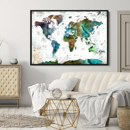 Push Pin World Map Canvas Print – Framed Wall Art for Couples to Track Their Travels – Anniversary Gift or Home Adventure Decor