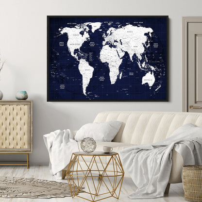 Push Pin World Map Canvas Print – Framed Wall Art for Couples to Track Their Travels – Anniversary Gift or Home Adventure Decor