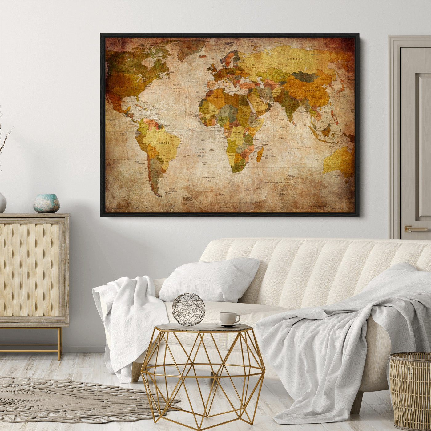 Push Pin World Map Canvas Print – Framed Wall Art for Couples to Track Their Travels – Anniversary Gift or Home Adventure Decor