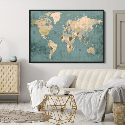 Classic World Map Wall Art Canvas Print, Framed Retro Map Art Picture Print, Vintage Atlas Perfect Rustic Explorer Decor Artwork