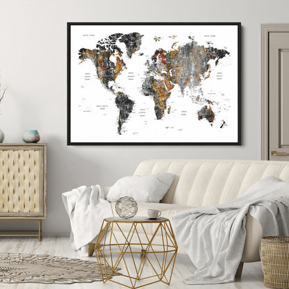 Push Pin World Map Canvas Print – Framed Wall Art for Couples to Track Their Travels – Anniversary Gift or Home Adventure Decor