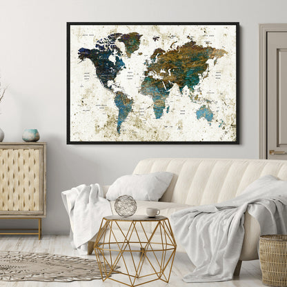 Push Pin World Map Canvas Print – Framed Wall Art for Couples to Track Their Travels – Anniversary Gift or Home Adventure Decor