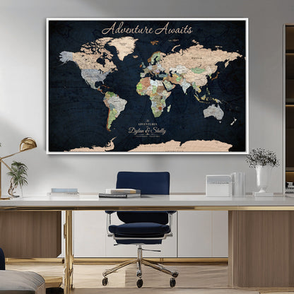 43186793-MGV-CV-30X20-Personalized World Map Print, Customizable Push Pin Framed World Map Print on Canvas - Custom Quote on Map Print