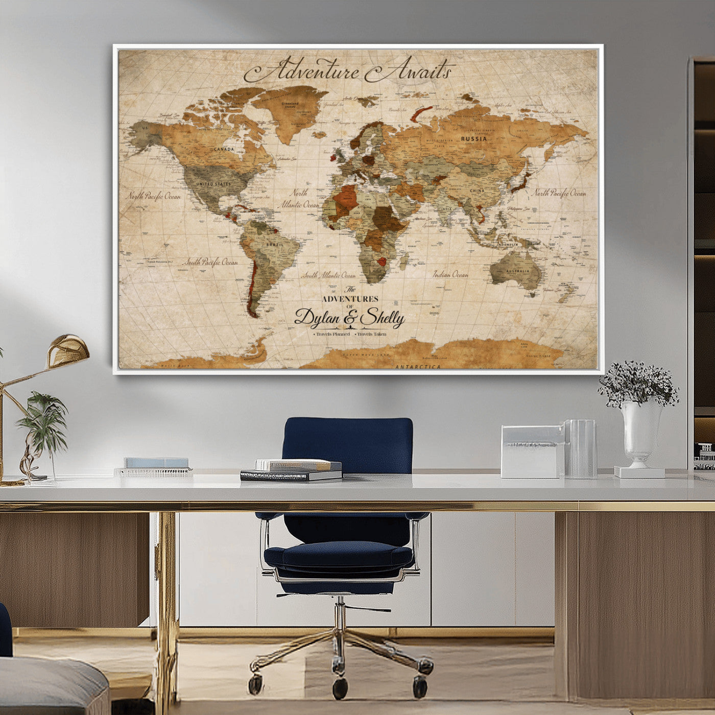 20810820-MGV-CV-30X20-Personalized World Map Print, Customizable Push Pin Framed World Map Print on Canvas - Custom Quote on Map Print