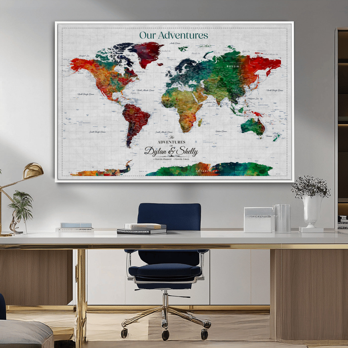 50035254-MGV-CV-36X24-Watercolor Personalized World Map Canvas Print - Customizable Push Pin Framed World Map Print - Custom Quote on Map Print