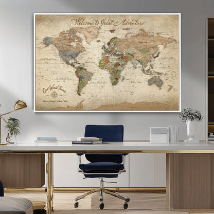 76478536-MGV-CV-30X20-Custom Push Pin World Map Wall Canvas Print – Personalized Travel Tracker with Pins – Framed Custom Quotie Canvas for Home Office Decor