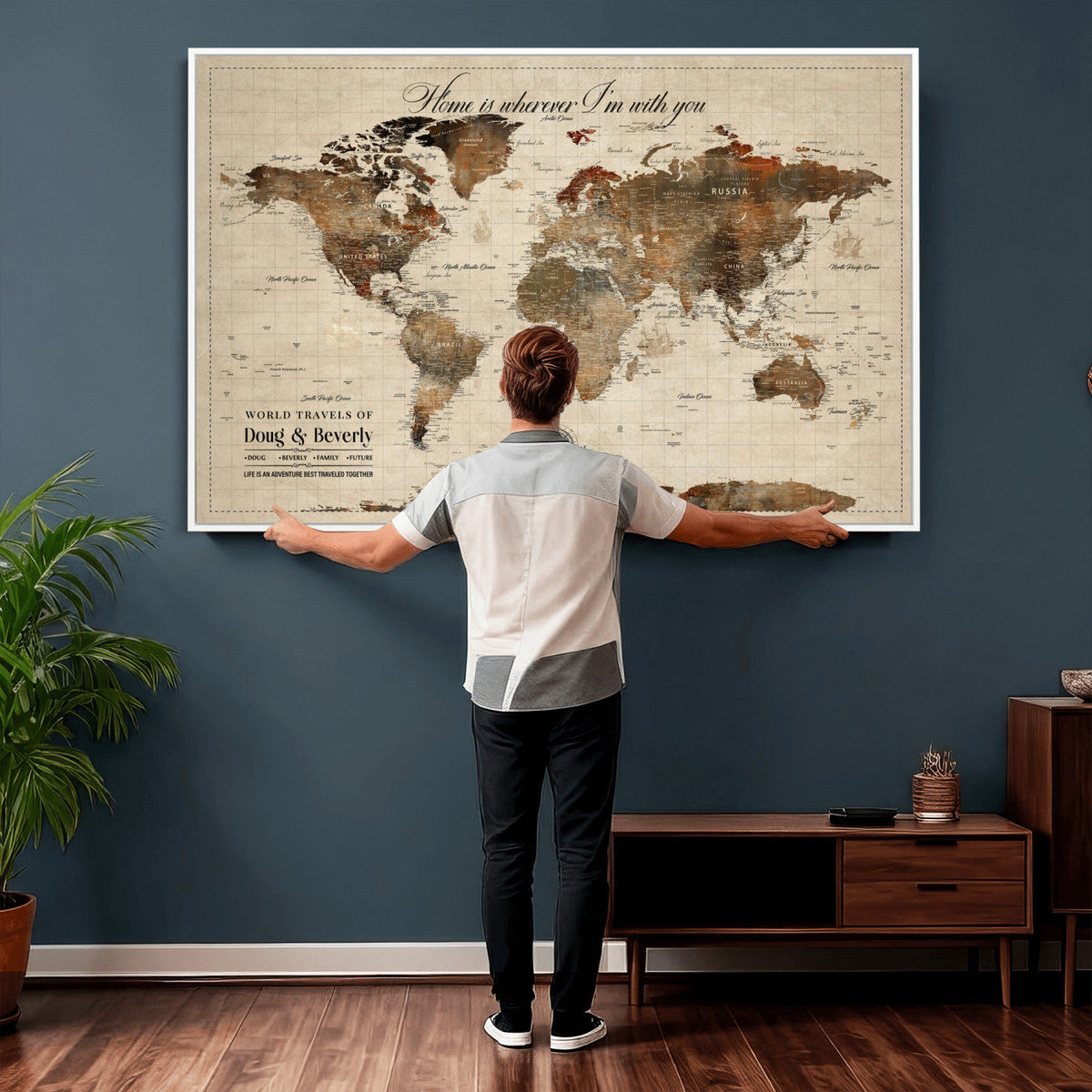 Large Custom Framed Beige Vintage World Travel Map Wall Art with Pins, Couples Countries Visited Map, Living Room and Hallway Decor