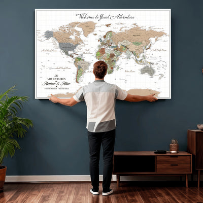 85396539-MGV-CV-36X24 - Custom Beige Push Pin World Map Wall Art, Bucket List Map, Study and Hallway Decor