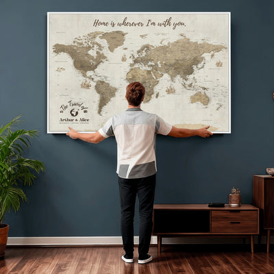 Custom Beige Geometric World Map Canvas with Push Pins, Honeymoon and Anniversary Gift, Dining Room and Hallway Decor